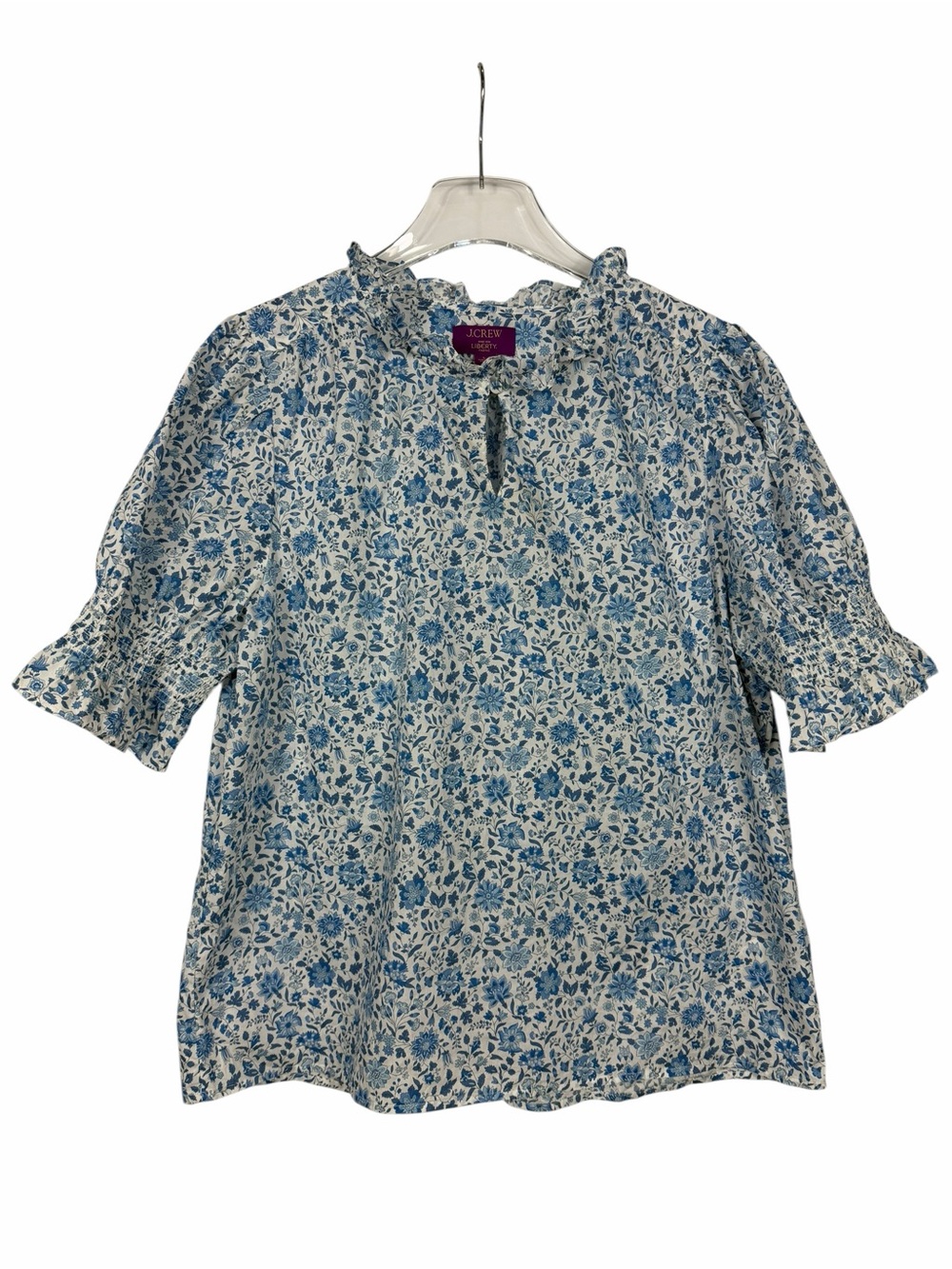J.Crew Liberty Fabric Ruffle Neck 100% Cotton Blouse Top Floral Size Large - Picture 2 of 9